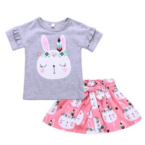 Girl’s Rabbit Bunny Printed Shirt + Skirt Summer Sets