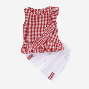 Girl’s Ruffled Plaid Print Sleeveless Casual Clothing Sets