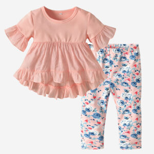 Girl’s Ruffled Short Sleeves Tops+Flower Pants Casual Clothing Setse