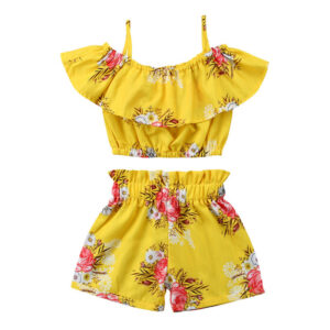 Girl’s Yellow Floral Printed Toddler Off Shoulder Summer Clothing Set Top + Shorts