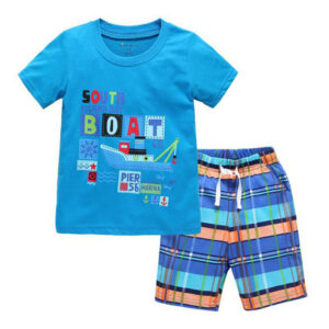 Girl’s and Boy’s 2PCS Printed Clothes Set Short Sleeve T-shirt +Grid Shorts