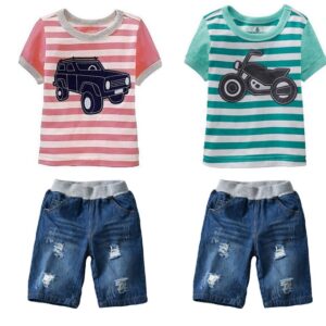 Girl’s and Boy’s 2pcs Striped Boys Short Clothing Sets T-shirt + Jeans