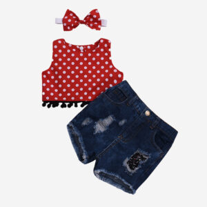 Girl’s and Boy’s 3PCs Sleeveless Dot Printing Tops+Denim Shorts+Headband Clothing Set