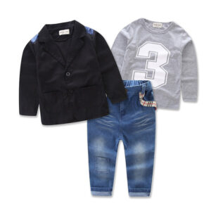 Girls and Boys 3Pcs Casual Sets Printed T Shirt Coat Long Jeans Childrens Clothing Sets