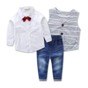 Girl’s and Boy’s 3Pcs Formal Shirt + Vest Coat + Long Jeans Pants Clothes Sets