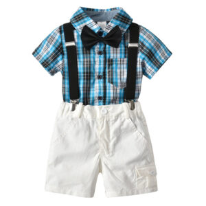 Girl’s and Boy’s 4Pcs Formal Clothes Sets Plaid Shirt +Shorts+Strap+ Bow