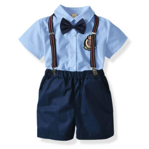 Girl’s and Boy’s 4Pcs Formal Clothing Sets Shirt +Shorts+Strap+ Bow