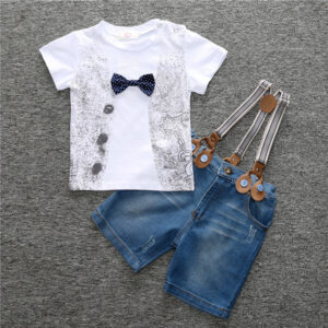 Girl’s and Boy’s Cotton Short Sleeve Clothing Set Toddler Summer T-Shirt +Suspender Short Pants