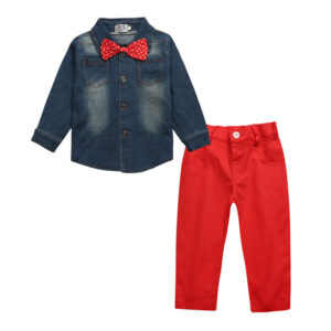 Girl’s and Boy’s Cute Bowknot Toddler Casual Sets Denim Tops+ Long Pants