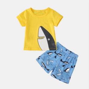 Girl’s and Boy’s Cute Shark Cartoon Print Short-sleeved+ Pants Casual Clothing Sets