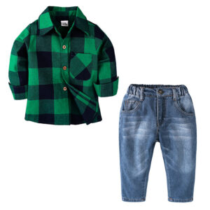 Girl’s and Boy’s Formal Clothes Toddler Plaid Shirt + Long Jeans Sets