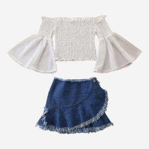 Girl’s and Boy’s Off Shoulder Trumpet Sleeves T-shirt+Tassels Denim Skirt Casual Sets