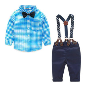 Girl’s and Boy’s Plaid Formal Clothing Sets Plaid Shirt + Suspender Pants