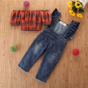 Girl’s and Boy’s Plaid Off Shoulder Tops+Denim Suspender Trousers Sets