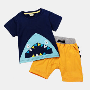 Girl’s and Boy’s Shark Cartoon Print Short Sleeves Casual Clothing Sets