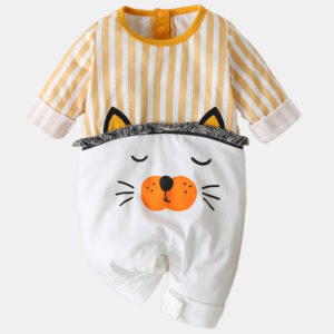 Baby Cat Striped Print Long Sleeves Patchwork Sleep Rompers