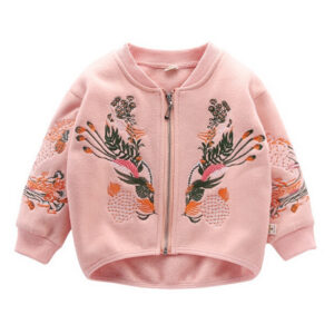 Girls Embroidered Jackets Kids Stand Collar Zipper Coat