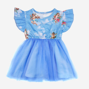 Girl’s Flying Sleeves Tulle Spliced Casual Blue Dress